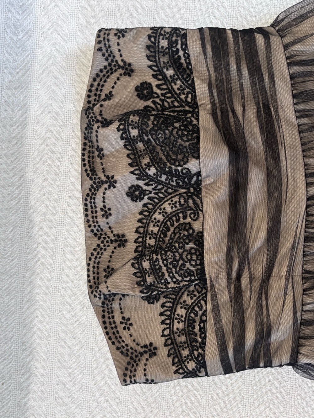 🩷David's Bridal Taupe Strapless Dress with Black Lace - Picture 4 of 13